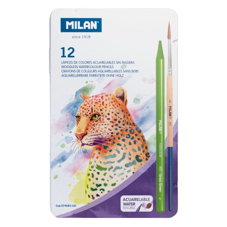 Milan Metal Box 12 Todocolor Woodless Watersoluble Colour Pencils + Brush