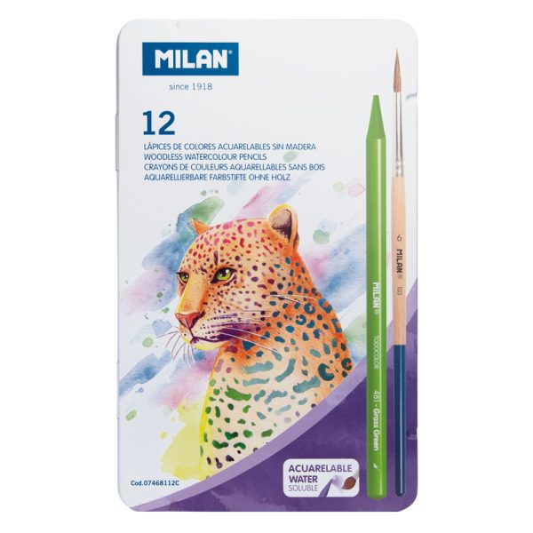 Milan Metal Box 12 Todocolor Woodless Watersoluble Colour Pencils + Brush