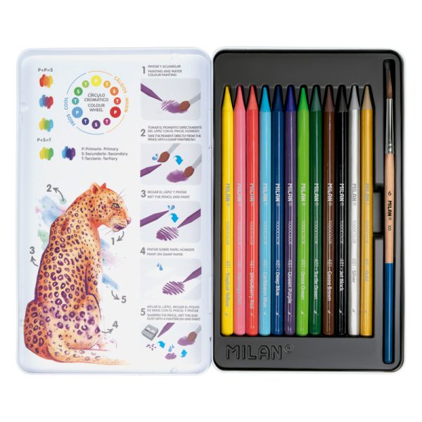 Milan Metal Box 12 Todocolor Woodless Watersoluble Colour Pencils + Brush