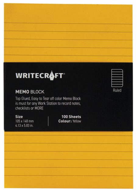 WriteCraft Coloured Memo Block | Uncoated Colour | Use for Any Work | Station To Record Notes & Checklist | 250/80 GSM | Ruled | 105x148 | 100 Sheets | Pack of 1 - Yellow