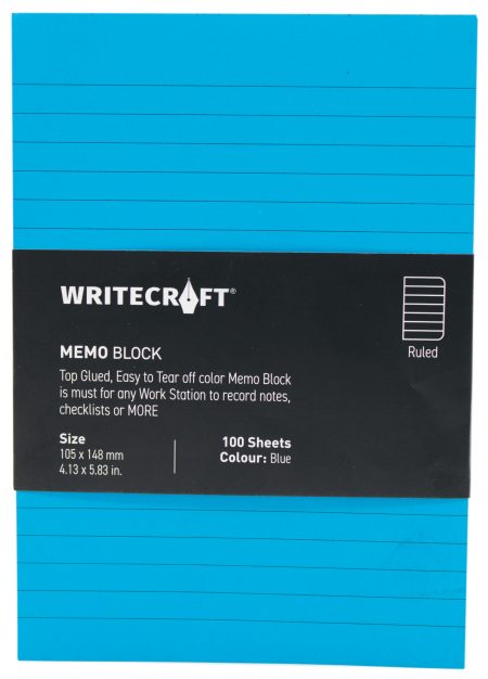 WriteCraft Coloured Memo Block | Uncoated Colour | Use for Any Work | Station To Record Notes & Checklist | 250/80 GSM | Ruled | 105x148 | 100 Sheets | Pack of 1 - Blue
