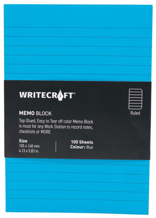 WriteCraft Coloured Memo Block | Uncoated Colour | Use for Any Work | Station To Record Notes & Checklist | 250/80 GSM | Ruled | 105x148 | 100 Sheets | Pack of 1 - Blue