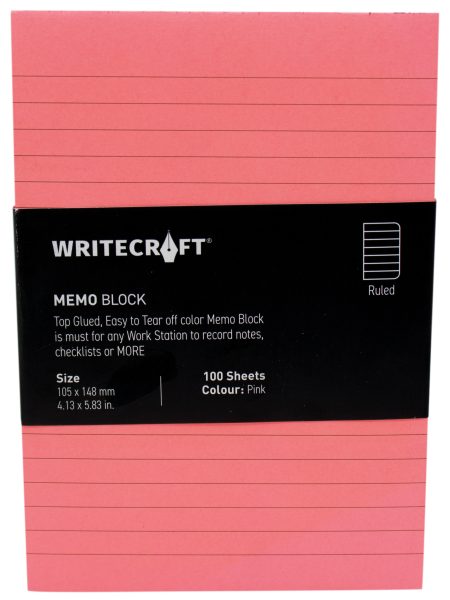 WriteCraft Coloured Memo Block | Uncoated Colour | Use for Any Work | Station To Record Notes & Checklist | 250/80 GSM | Ruled | 105x148 | 100 Sheets | Pack of 1 - Pink