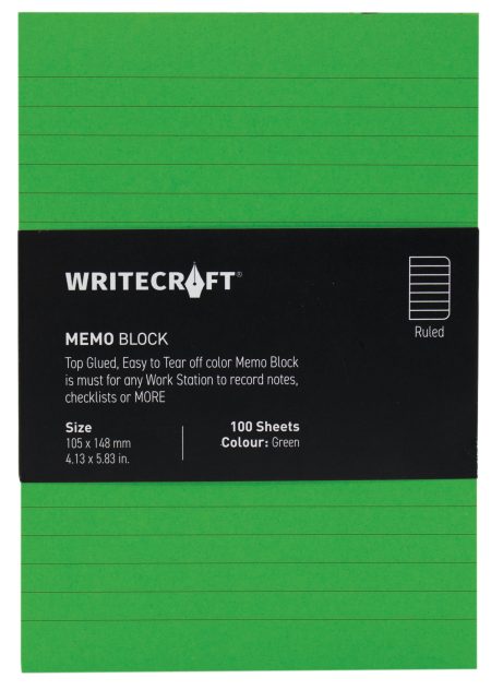 WriteCraft Coloured Memo Block | Uncoated Colour | Use for Any Work | Station To Record Notes & Checklist | 250/80 GSM | Ruled | 105x148 | 100 Sheets | Pack of 1 - Green