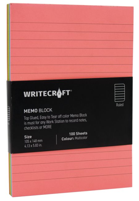 WriteCraft Coloured Memo Block | Uncoated Colour | Use for Any Work | Station To Record Notes & Checklist | 250/80 GSM | Ruled | 105x148 | 100 Sheets | Pack of 1 - Multicolor
