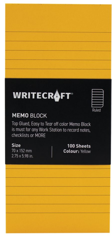 WriteCraft Coloured Memo Block | Uncoated Colour | Use for Any Work | Station To Record Notes & Checklist | 250/80 GSM | Ruled | 70x152 | 100 Sheets | Pack of 1 - Yellow