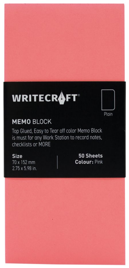 WriteCraft Coloured Memo Block | Uncoated Colour | Use for Any Work | Station To Record Notes & Checklist | 250/80 GSM | Plain | 70x152 | 50 Sheets | Pack of 1 - Pink