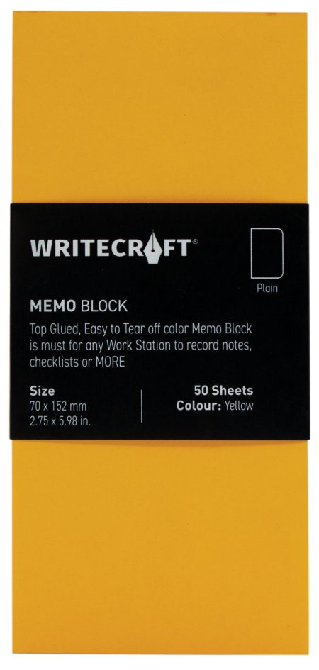WriteCraft Coloured Memo Block | Uncoated Colour | Use for Any Work | Station To Record Notes & Checklist | 250/80 GSM | Plain | 70x152 | 50 Sheets | Pack of 1 - Yellow
