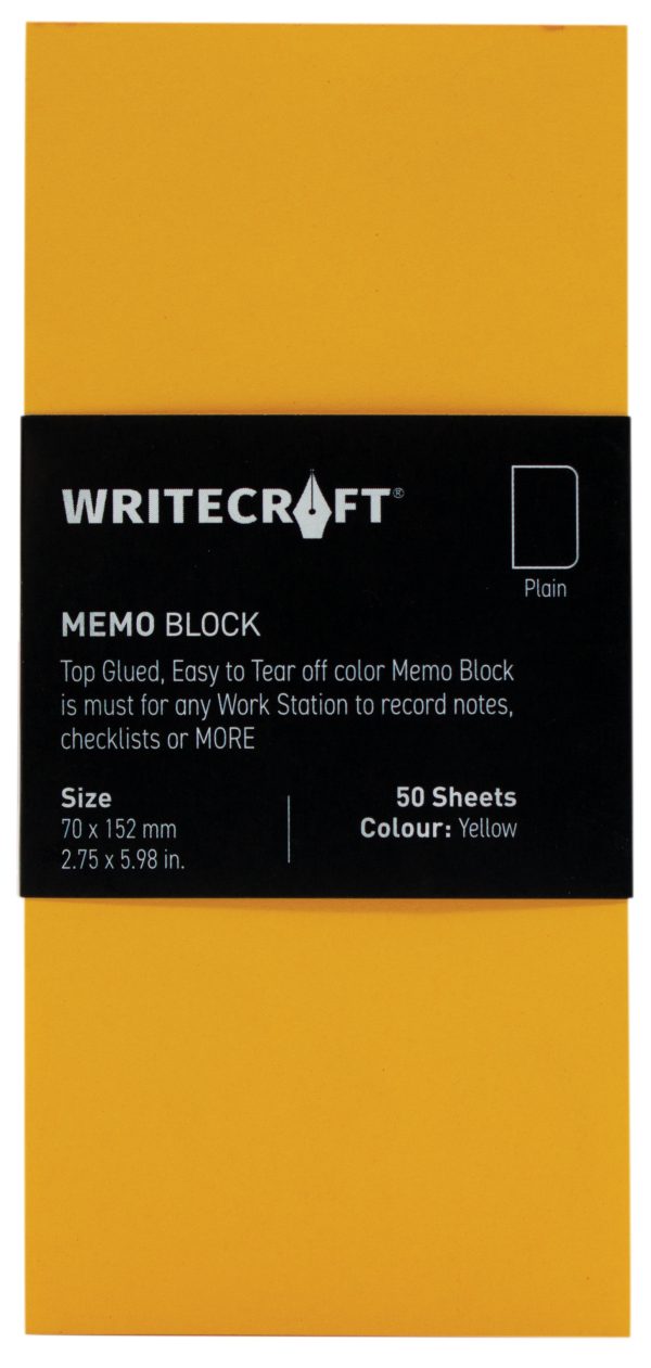 WriteCraft Coloured Memo Block | Uncoated Colour | Use for Any Work | Station To Record Notes & Checklist | 250/80 GSM | Plain | 70x152 | 50 Sheets | Pack of 1 - Yellow