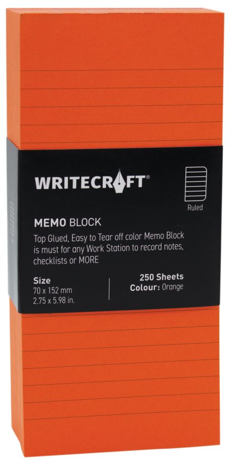 WriteCraft Coloured Memo Block | Uncoated Colour | Use for Any Work | Station To Record Notes & Checklist | 250/80 GSM | Ruled | 70x152 | 250 Sheets | Pack of 1 - Orange