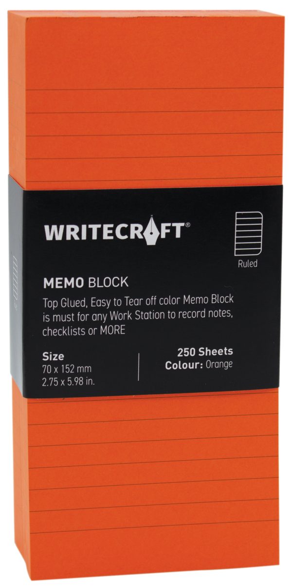 WriteCraft Coloured Memo Block | Uncoated Colour | Use for Any Work | Station To Record Notes & Checklist | 250/80 GSM | Ruled | 70x152 | 250 Sheets | Pack of 1 - Orange