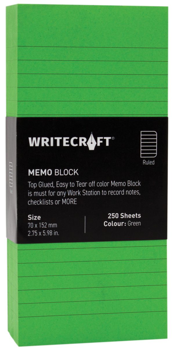 WriteCraft Coloured Memo Block | Uncoated Colour | Use for Any Work | Station To Record Notes & Checklist | 250/80 GSM | Ruled | 70x152 | 250 Sheets | Pack of 1 - Green