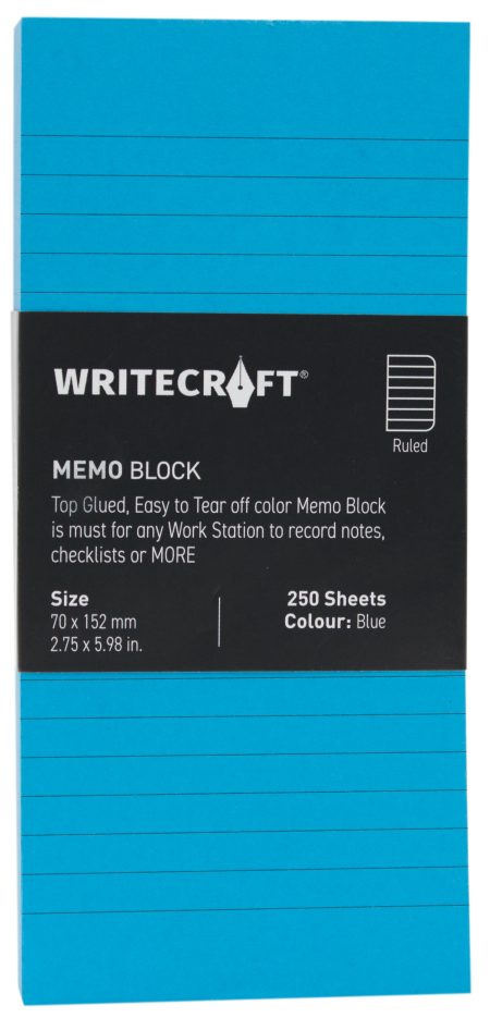 WriteCraft Coloured Memo Block | Uncoated Colour | Use for Any Work | Station To Record Notes & Checklist | 250/80 GSM | Ruled | 70x152 | 250 Sheets | Pack of 1 - Blue