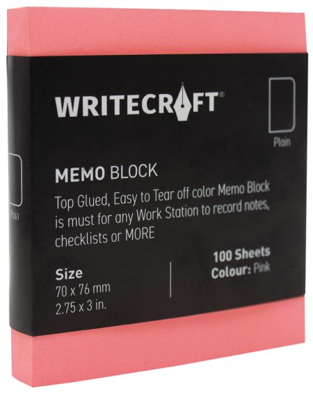 WriteCraft Coloured Memo Block | Uncoated Colour | Use for Any Work | Station To Record Notes & Checklist | 250/80 GSM | Plain | 70x76 | 100 Sheets | Pack of 1 - Pink