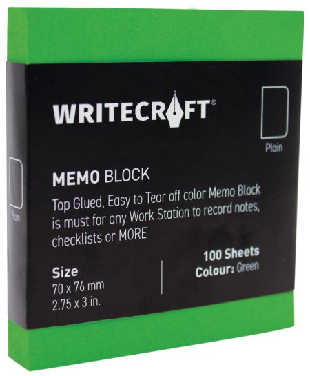 WriteCraft Coloured Memo Block | Uncoated Colour | Use for Any Work | Station To Record Notes & Checklist | 250/80 GSM | Plain | 70x76 | 100 Sheets | Pack of 1 - Green