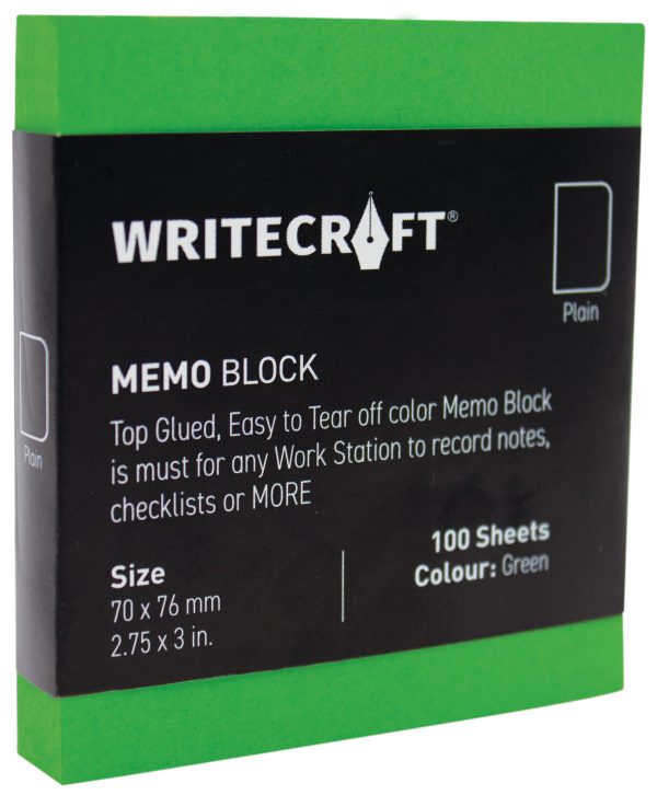 WriteCraft Coloured Memo Block | Uncoated Colour | Use for Any Work | Station To Record Notes & Checklist | 250/80 GSM | Plain | 70x76 | 100 Sheets | Pack of 1 - Green