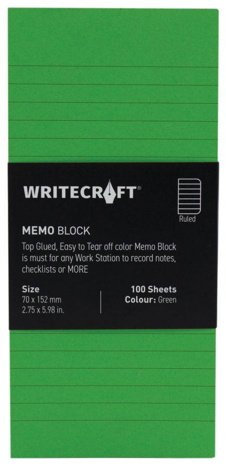 WriteCraft Coloured Memo Block | Uncoated Colour | Use for Any Work | Station To Record Notes & Checklist | 250/80 GSM | Ruled | 70x152 | 100 Sheets | Pack of 1 - Green