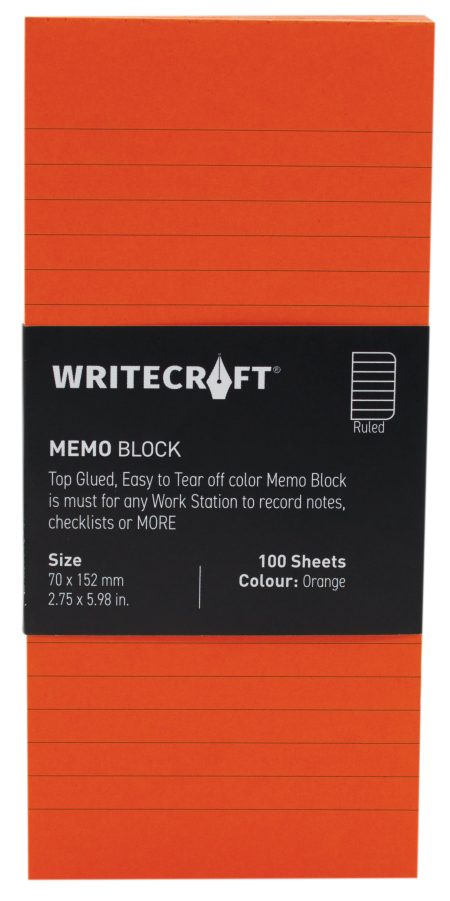 WriteCraft Coloured Memo Block | Uncoated Colour | Use for Any Work | Station To Record Notes & Checklist | 250/80 GSM | Ruled | 70x152 | 100 Sheets | Pack of 1 - Orange
