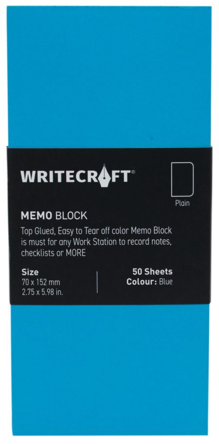 WriteCraft Coloured Memo Block | Uncoated Colour | Use for Any Work | Station To Record Notes & Checklist | 250/80 GSM | Plain | 70x152 | 50 Sheets | Pack of 1 - Blue