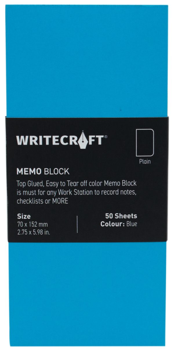 WriteCraft Coloured Memo Block | Uncoated Colour | Use for Any Work | Station To Record Notes & Checklist | 250/80 GSM | Plain | 70x152 | 50 Sheets | Pack of 1 - Blue