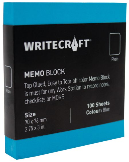 WriteCraft Coloured Memo Block | Uncoated Colour | Use for Any Work | Station To Record Notes & Checklist | 250/80 GSM | Plain | 70x76 | 100 Sheets | Pack of 1 - Blue