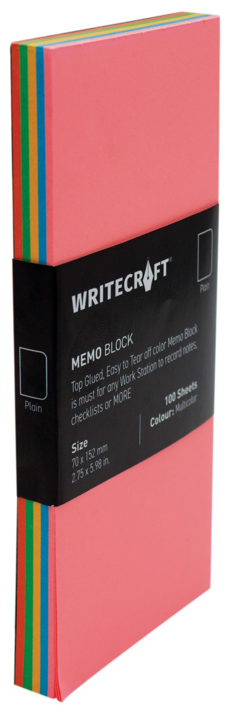 WriteCraft Coloured Memo Block | Uncoated Colour | Use for Any Work | Station To Record Notes & Checklist | 250/80 GSM | Plain | 70x152 | 50 Sheets | Pack of 1 - Multicolor