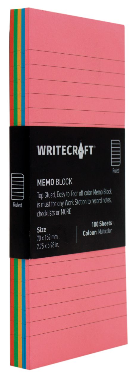 WriteCraft Coloured Memo Block | Uncoated Colour | Use for Any Work | Station To Record Notes & Checklist | 250/80 GSM | Ruled | 70x152 | 100 Sheets | Pack of 1 - Multicolor