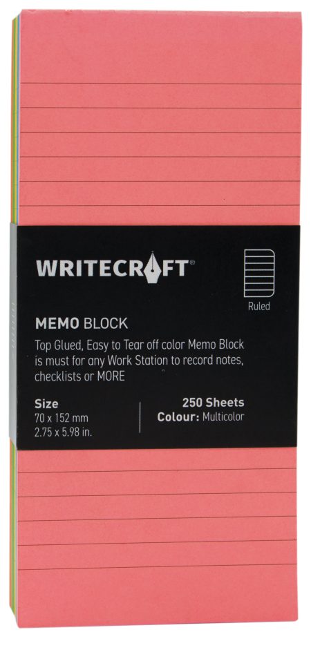 WriteCraft Coloured Memo Block | Uncoated Colour | Use for Any Work | Station To Record Notes & Checklist | 250/80 GSM | Ruled | 70x152 | 250 Sheets | Pack of 1 - Multicolor