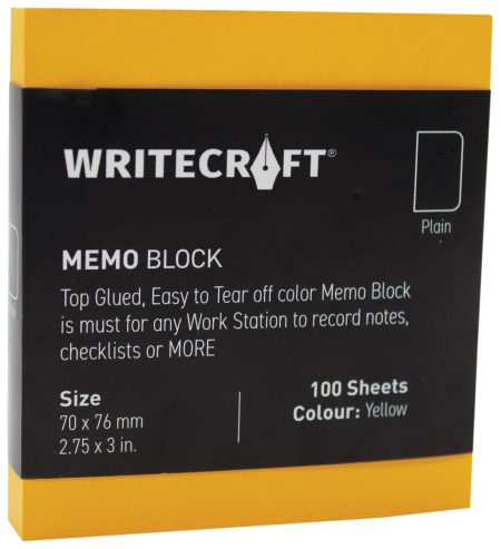 WriteCraft Coloured Memo Block | Uncoated Colour | Use for Any Work | Station To Record Notes & Checklist | 250/80 GSM | Plain | 70x76 | 100 Sheets | Pack of 1 - Yellow
