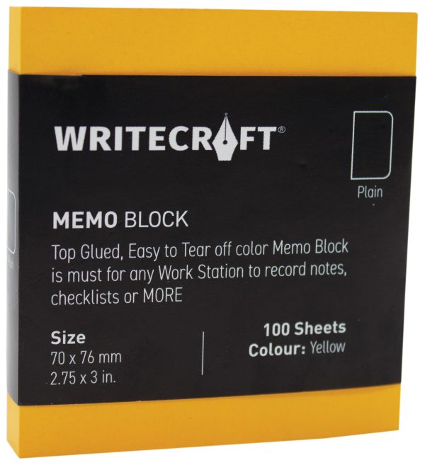 WriteCraft Coloured Memo Block | Uncoated Colour | Use for Any Work | Station To Record Notes & Checklist | 250/80 GSM | Plain | 70x76 | 100 Sheets | Pack of 1 - Yellow