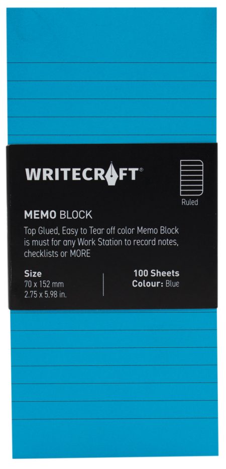 WriteCraft Coloured Memo Block | Uncoated Colour | Use for Any Work | Station To Record Notes & Checklist | 250/80 GSM | Ruled | 70x152 | 100 Sheets | Pack of 1 - Blue