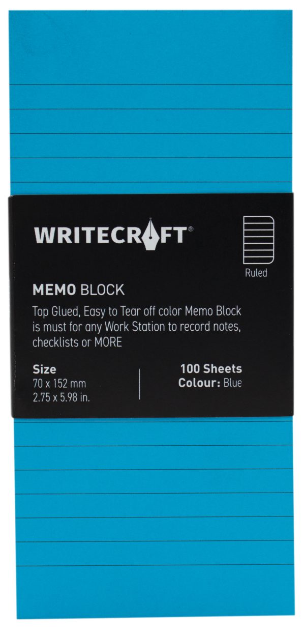 WriteCraft Coloured Memo Block | Uncoated Colour | Use for Any Work | Station To Record Notes & Checklist | 250/80 GSM | Ruled | 70x152 | 100 Sheets | Pack of 1 - Blue