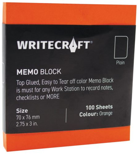 WriteCraft Coloured Memo Block | Uncoated Colour | Use for Any Work | Station To Record Notes & Checklist | 250/80 GSM | Plain | 70x76 | 100 Sheets | Pack of 1 -Orange