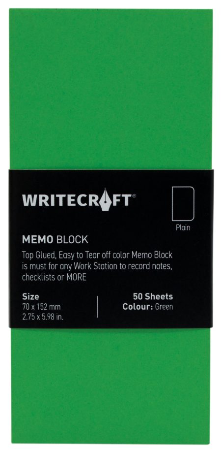 WriteCraft Coloured Memo Block | Uncoated Colour | Use for Any Work | Station To Record Notes & Checklist | 250/80 GSM | Plain | 70x152 | 50 Sheets | Pack of 1 - Green