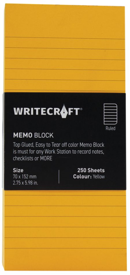 WriteCraft Coloured Memo Block | Uncoated Colour | Use for Any Work | Station To Record Notes & Checklist | 250/80 GSM | Ruled | 70x152 | 250 Sheets | Pack of 1 - Yellow