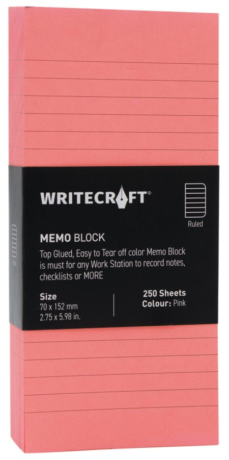 WriteCraft Coloured Memo Block | Uncoated Colour | Use for Any Work | Station To Record Notes & Checklist | 250/80 GSM | Ruled | 70x152 | 250 Sheets | Pack of 1 - Pink