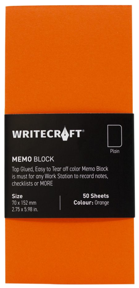 WriteCraft Coloured Memo Block | Uncoated Colour | Use for Any Work | Station To Record Notes & Checklist | 250/80 GSM | Plain | 70x152 | 50 Sheets | Pack of 1 - Orange