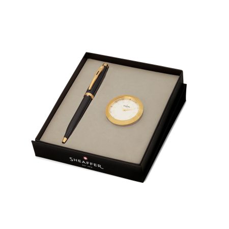 GIFTSET SHEAFFER 100 G9322? GLOSSY BLACK WITH GOLD TONE TRIM BP WITH GOLDWITH TABLE CLOCK
