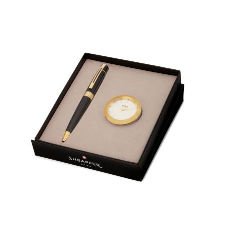 GIFTSET SHEAFFER 300 G9325 GLOSSY BLACK WITH GOLD TONE TRIM BP WITH GOLDWITH TABLE CLOCK