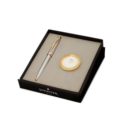 GIFTSET SHEAFFER 100 G9340?BRIGHT CHROME WITH GOLD TONE TRIM BP WITH GOLD TABLE CLOCK