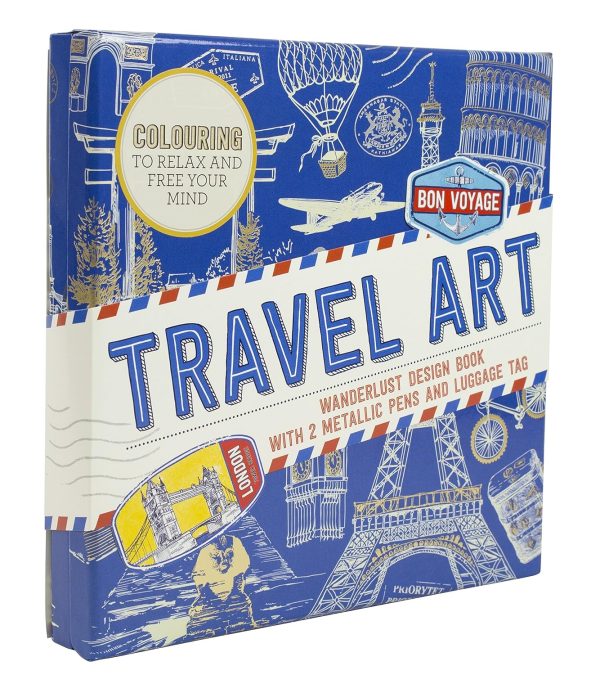 Travel Art: Wanderlust design book with 2 metallic pens and luggage tag