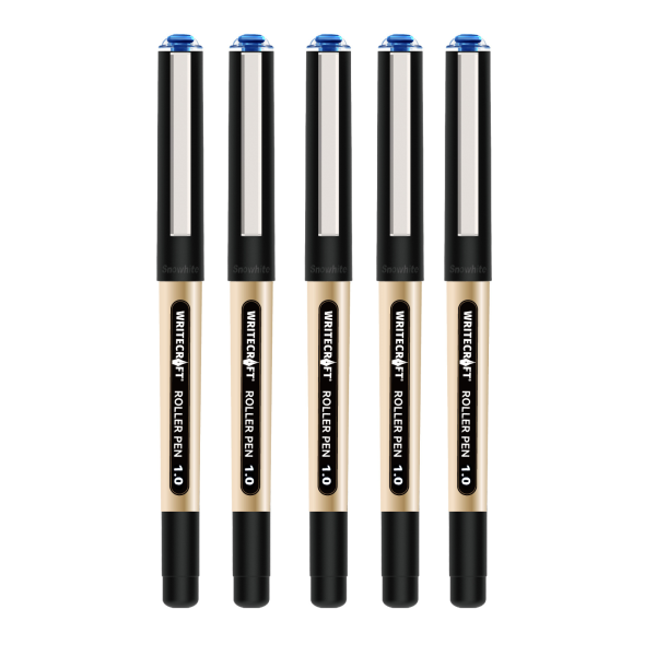 WRITECRAFT 1.0 mm Roller Ball Pen - Waterproof Quick Dry Ink - Blue - Pack of 5