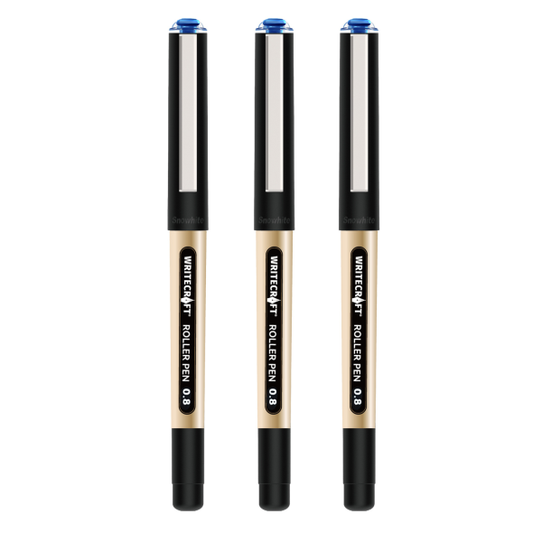 WRITECRAFT 0.8 mm Roller Ball Pen - Waterproof Quick Dry Ink - Blue - Pack of 3