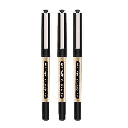 WRITECRAFT 0.8 mm Roller Ball Pen - Waterproof Quick Dry Ink - Black - Pack of 3