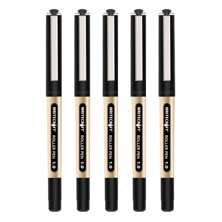WRITECRAFT 1.0 mm Roller Ball Pen - Waterproof Quick Dry Ink - Black - Pack of 5