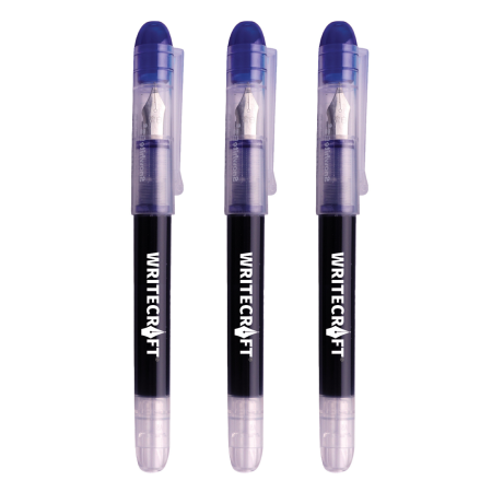 WRITECRAFT Fountain Pen - Medium Tip - Blue - Waterproof Quick Dry Ink - Pack of 3