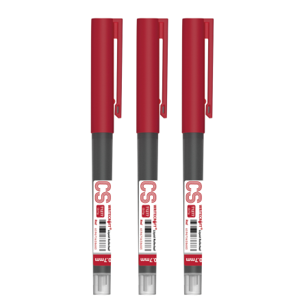 WRITECRAFT CS T1277 Liquid Roller Ball Pen 0.7 mm - Red Inck - Waterproof Quick Dry Ink - Pack of 3