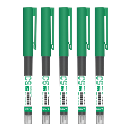 WRITECRAFT CS T1277 Liquid Roller Ball Pen 0.7 mm - Green Inck - Waterproof Quick Dry Ink - Pack of 5