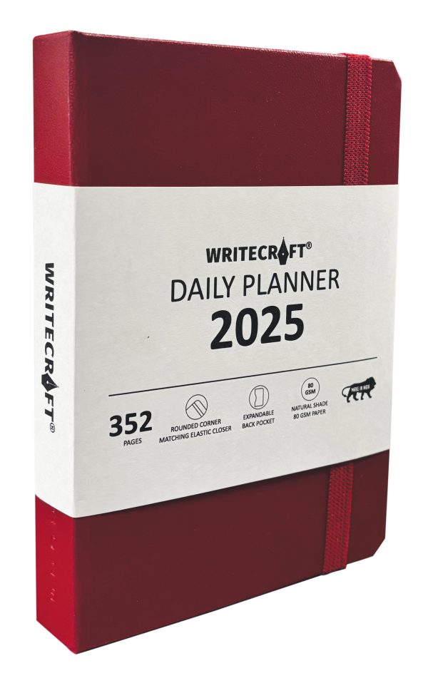 WriteCraft Daily Planner 2025 with 352 Pages | A6 | 80 GSM | Size 14.8x10.5 | Color Red (Hardcase)