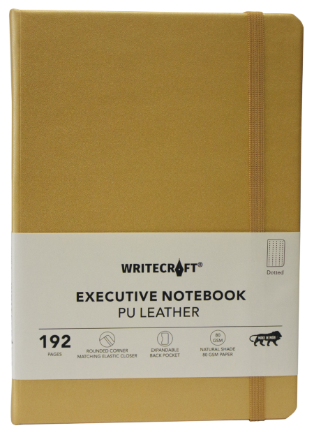 WRITECRAFT Notebook A5 Champagne Gold with PU Leather Strap - 192 Dotted Pages, 80 GSM Natural Shade Paper, Hardcase Cover